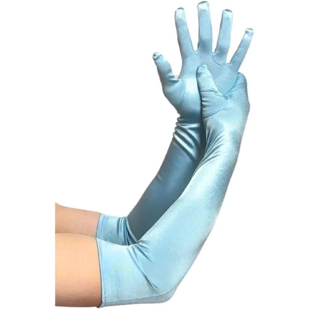 Women's Elbow Length Light Blue Satin Gloves Costume Princess Party Accessories